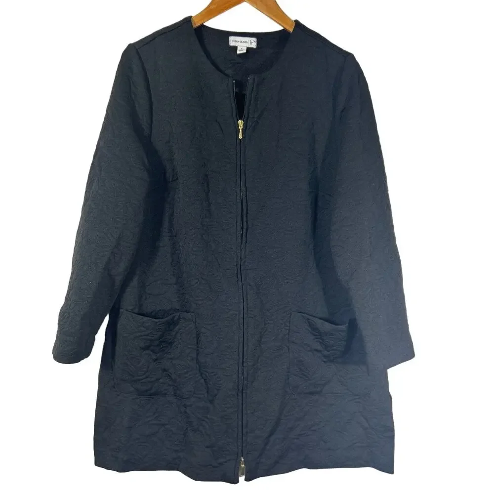 Susan Graver Jacket Large Black Full Zip Mono Textured Floral Tunic